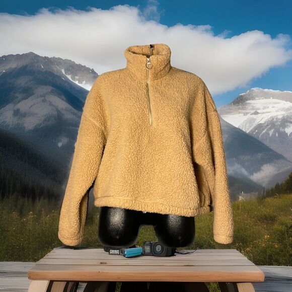 Hollister Women's Faux Sherpa Pullover‎ Jacket Large Brown 3/4 Zipper Oversized - Picture 1 of 5